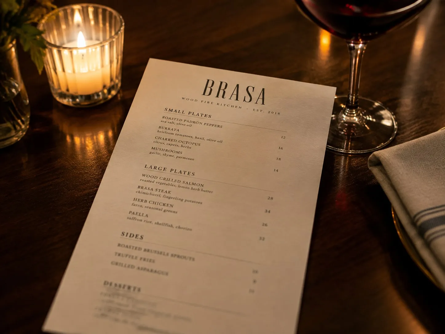 A printed menu designed to match the website